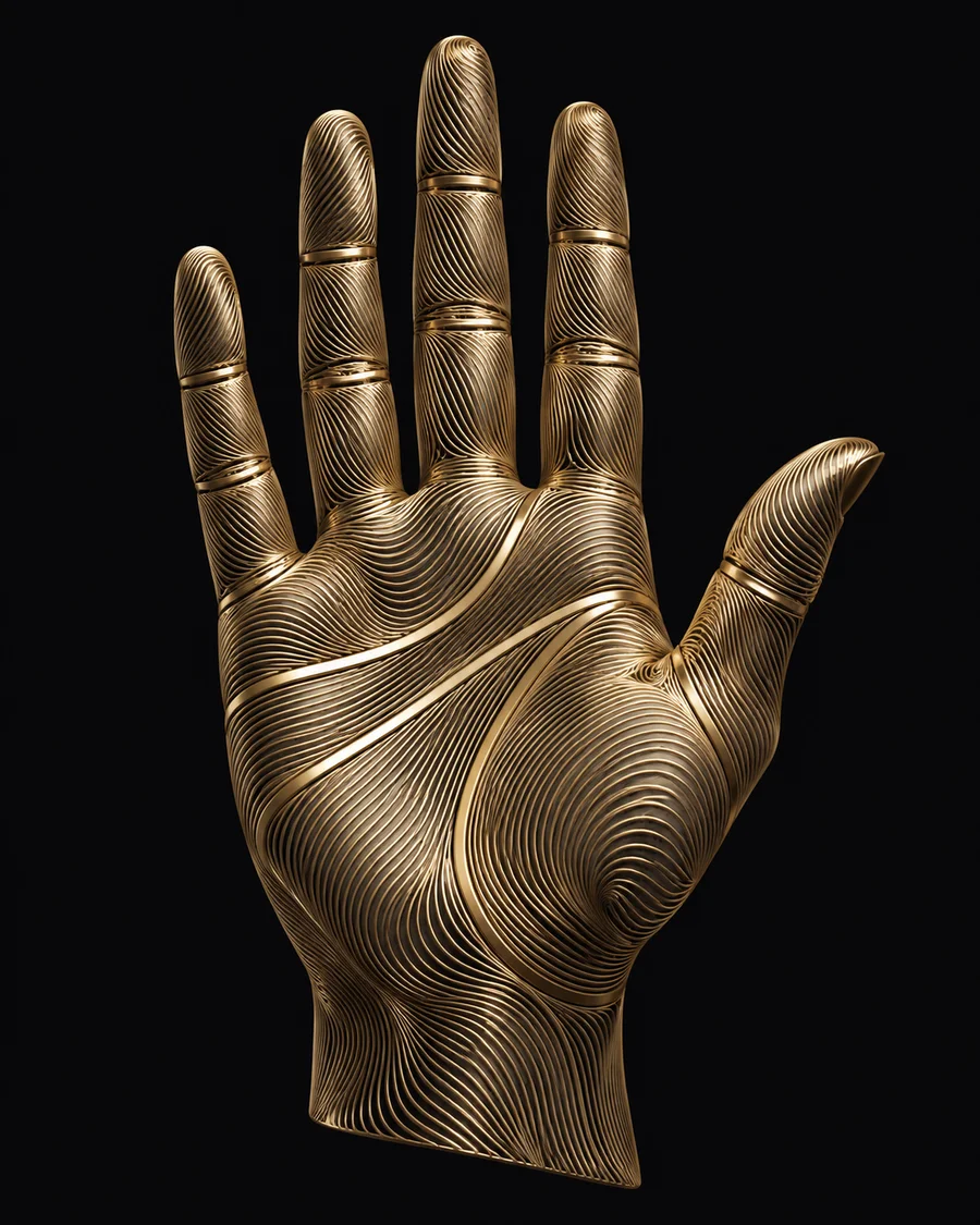 Escultura de una mano abierta hecha de alambre dorado