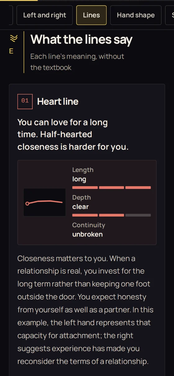 Heart line card with its line passport: length, depth, continuity and interpretation