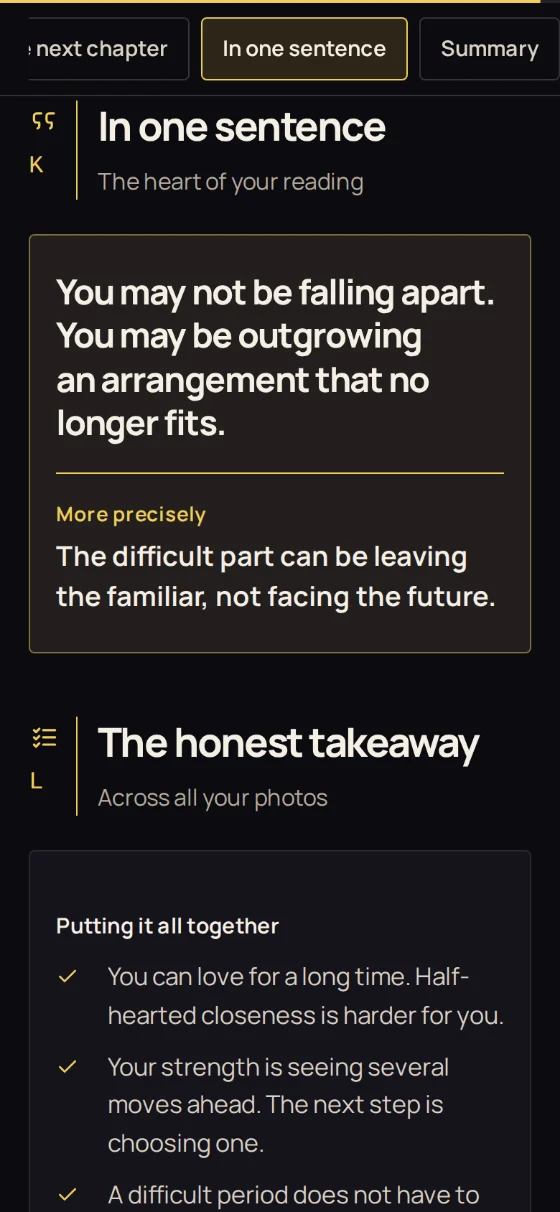 The “In one sentence” and “The honest takeaway” sections of the sample report