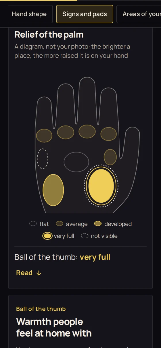 The “Relief of the palm” diagram: nine pads shaded by how raised they are, from flat to very full