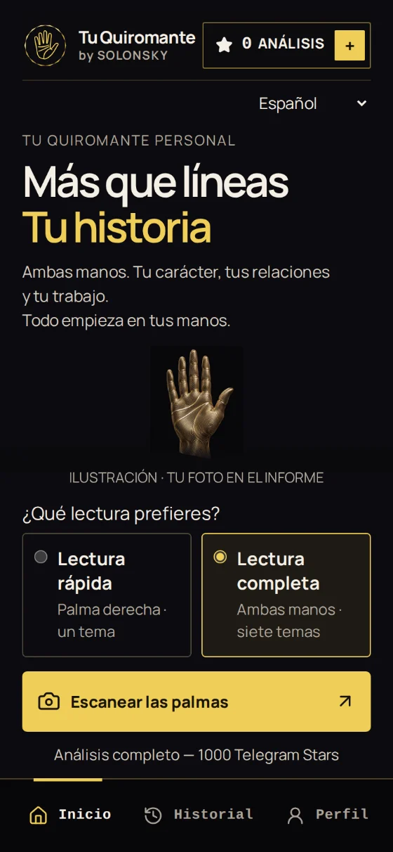 Pantalla principal de la app: el título «Más que líneas. Tu historia», la elección entre lectura rápida o completa y el botón «Escanear las palmas»