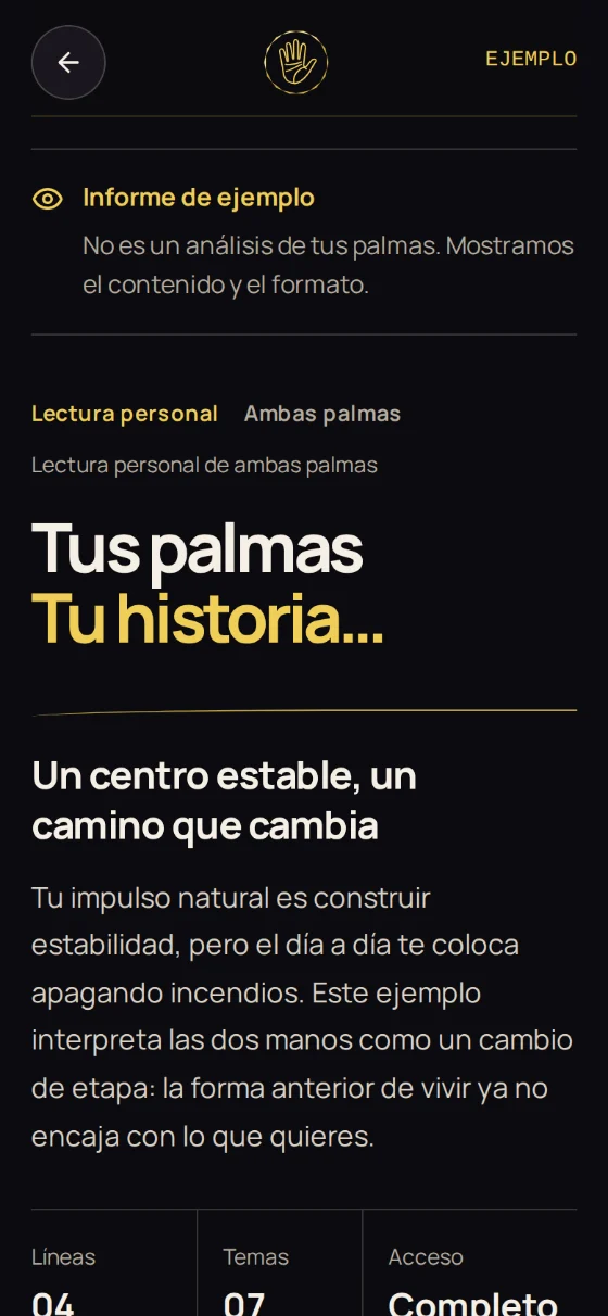 Portada del informe de ejemplo: «Tus palmas. Tu historia…», la idea principal y los contadores de líneas y temas