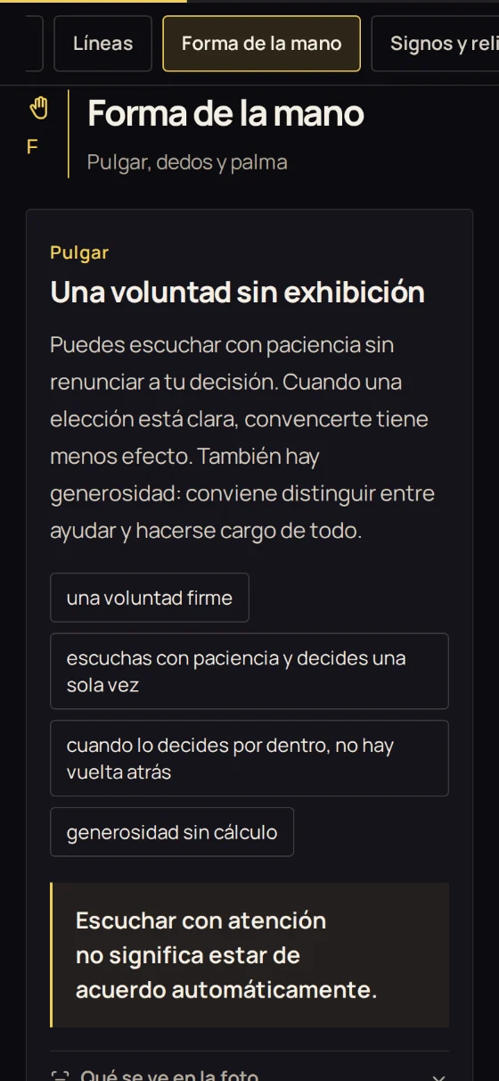 Sección «Forma de la mano»: pulgar, dedos y palma con su interpretación
