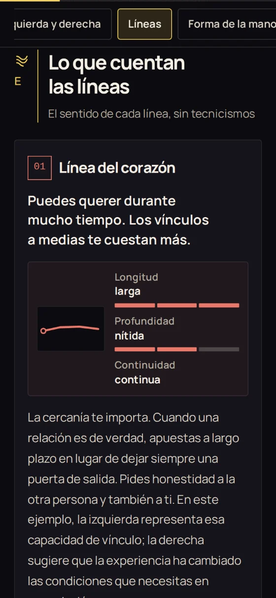 Tarjeta de la línea del corazón con su ficha: longitud, profundidad, continuidad e interpretación