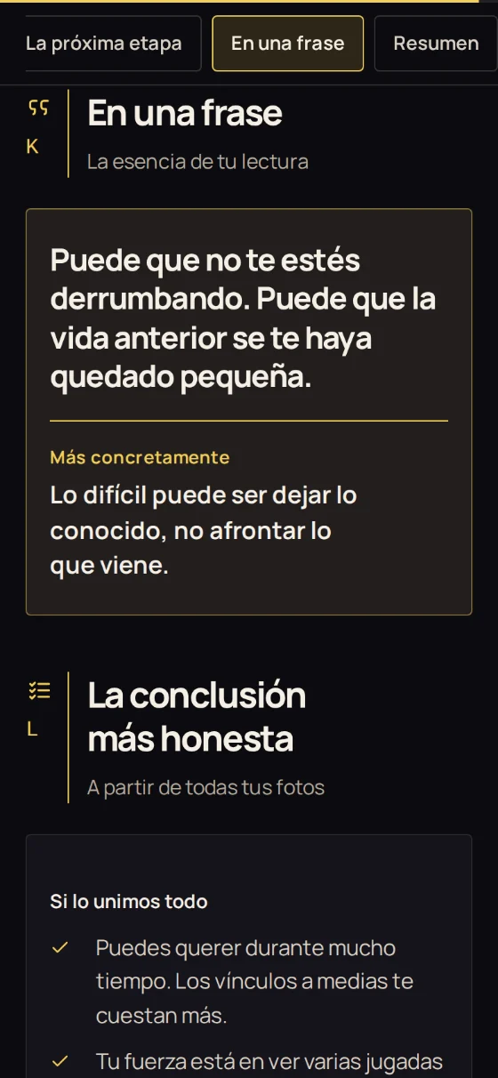 Secciones «En una frase» y «La conclusión más honesta» del informe de ejemplo