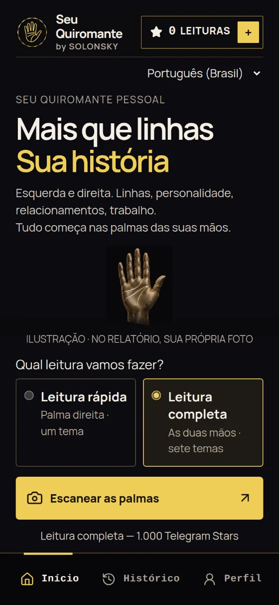 Tela inicial do app: o título “Mais que linhas. Sua história”, a escolha entre “Leitura rápida” e “Leitura completa” e o botão “Escanear as palmas”