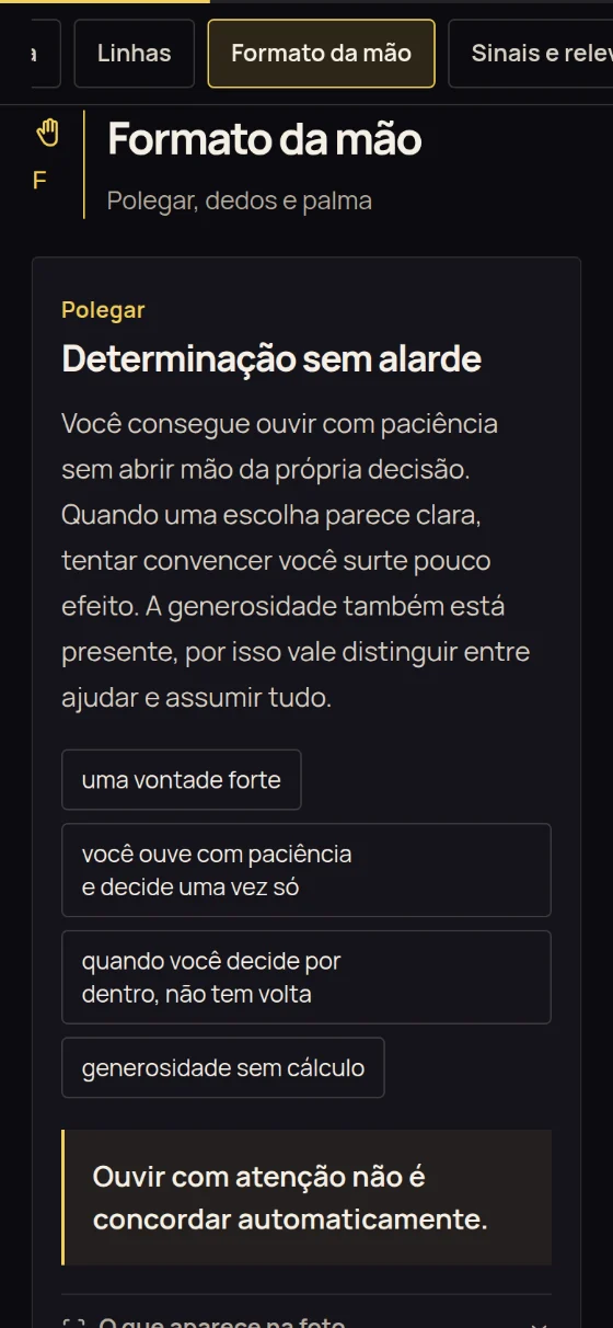 A seção “Formato da mão”: polegar, dedos e palma, com a interpretação