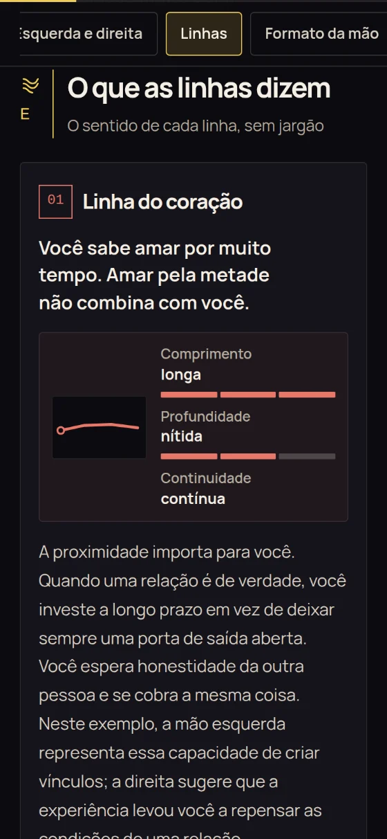 A seção “O que as linhas dizem”: o cartão “Linha do coração” com o passaporte da linha — Comprimento, Profundidade, Continuidade — e a interpretação
