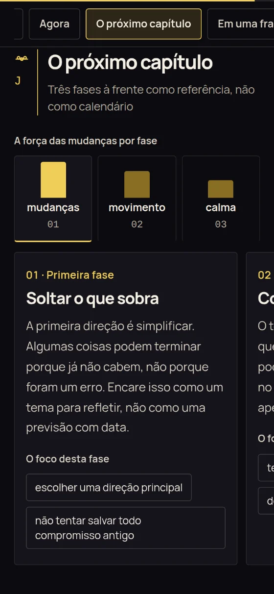 A seção “O próximo capítulo”: três fases à frente e o foco de cada fase