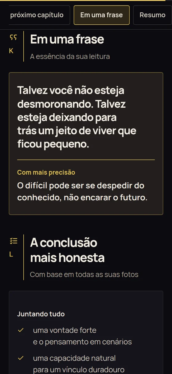 As seções “Em uma frase” e “A conclusão mais honesta” do relatório de exemplo