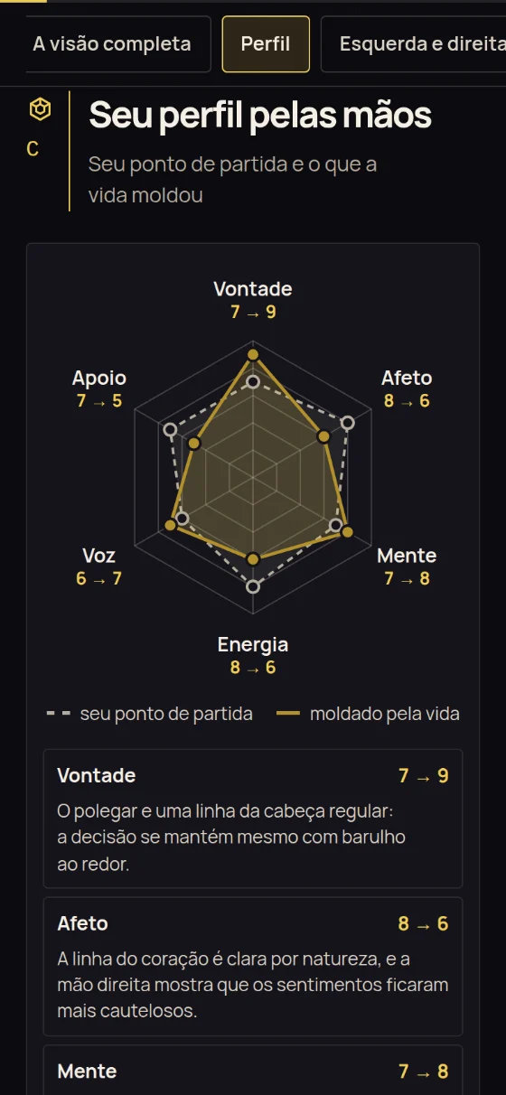 O radar “Seu perfil pelas mãos”: Vontade, Afeto, Mente, Energia, Voz e Apoio — seu ponto de partida e o que a vida moldou