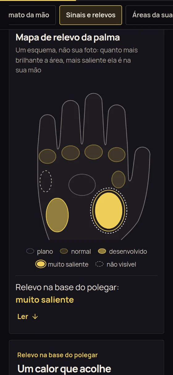 O esquema “Mapa de relevo da palma” da seção “Sinais e relevos”: nove relevos sombreados conforme a saliência, de “plano” a “muito saliente”