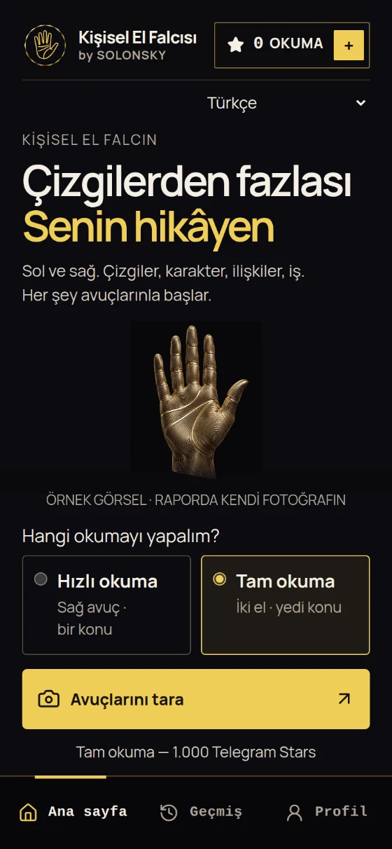 Uygulamanın ana ekranı: “Çizgilerden fazlası. Senin hikâyen” başlığı, “Hızlı okuma” ile “Tam okuma” arasında seçim ve “Avuçlarını tara” düğmesi