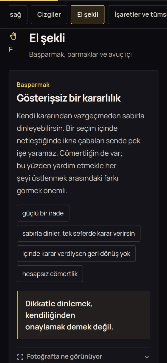 “El şekli” bölümü: başparmak, parmaklar ve avuç içi, yorumuyla