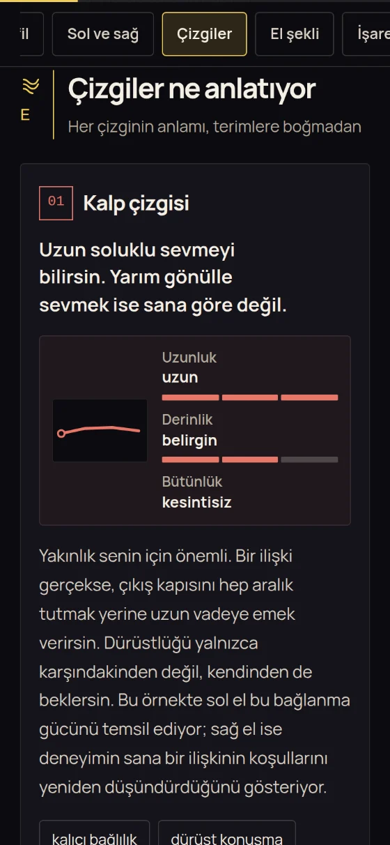 “Çizgiler ne anlatıyor” bölümü: çizgi künyesiyle “Kalp çizgisi” kartı — Uzunluk, Derinlik, Bütünlük — ve yorumu