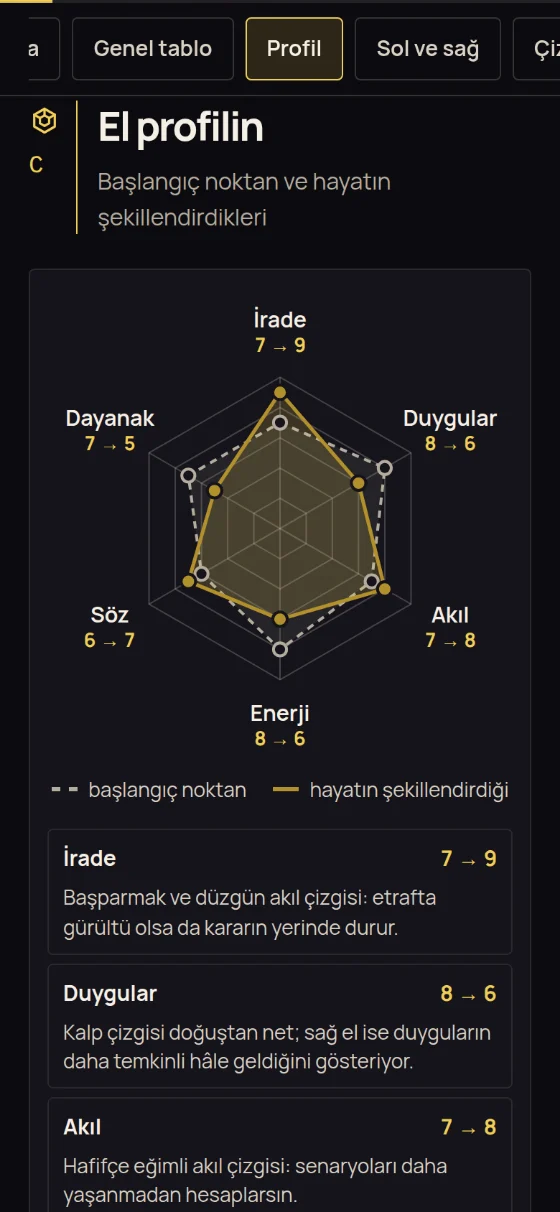 “El profilin” radarı: İrade, Duygular, Akıl, Enerji, Söz ve Dayanak — başlangıç noktan ve hayatın şekillendirdiği